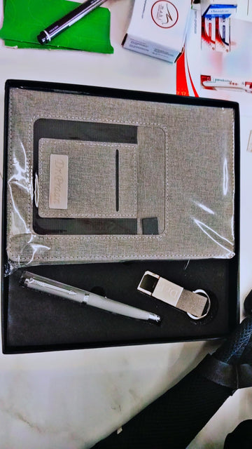 Tempt Personalized Diary with Pen and Metal Keychain Gift Set with Name, 3 in 1 Personalized Organiser Diary Combo Gift for Husband, Father, Corporate Customized New Year Gift for Employees - Grey