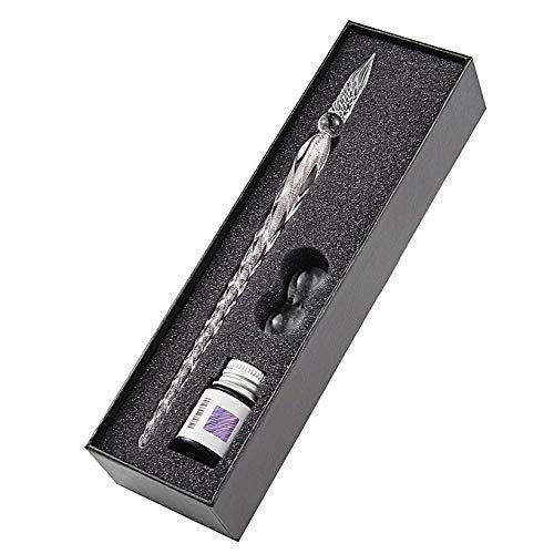 Levin Glass Dip Fountain Pen Holder Set Crystal Sparkling Signature Drawing Calligraphy Writing Pen with Bottle Ink and Pen Holder Crystal Dip Pen (Random Ink color and pen design)
