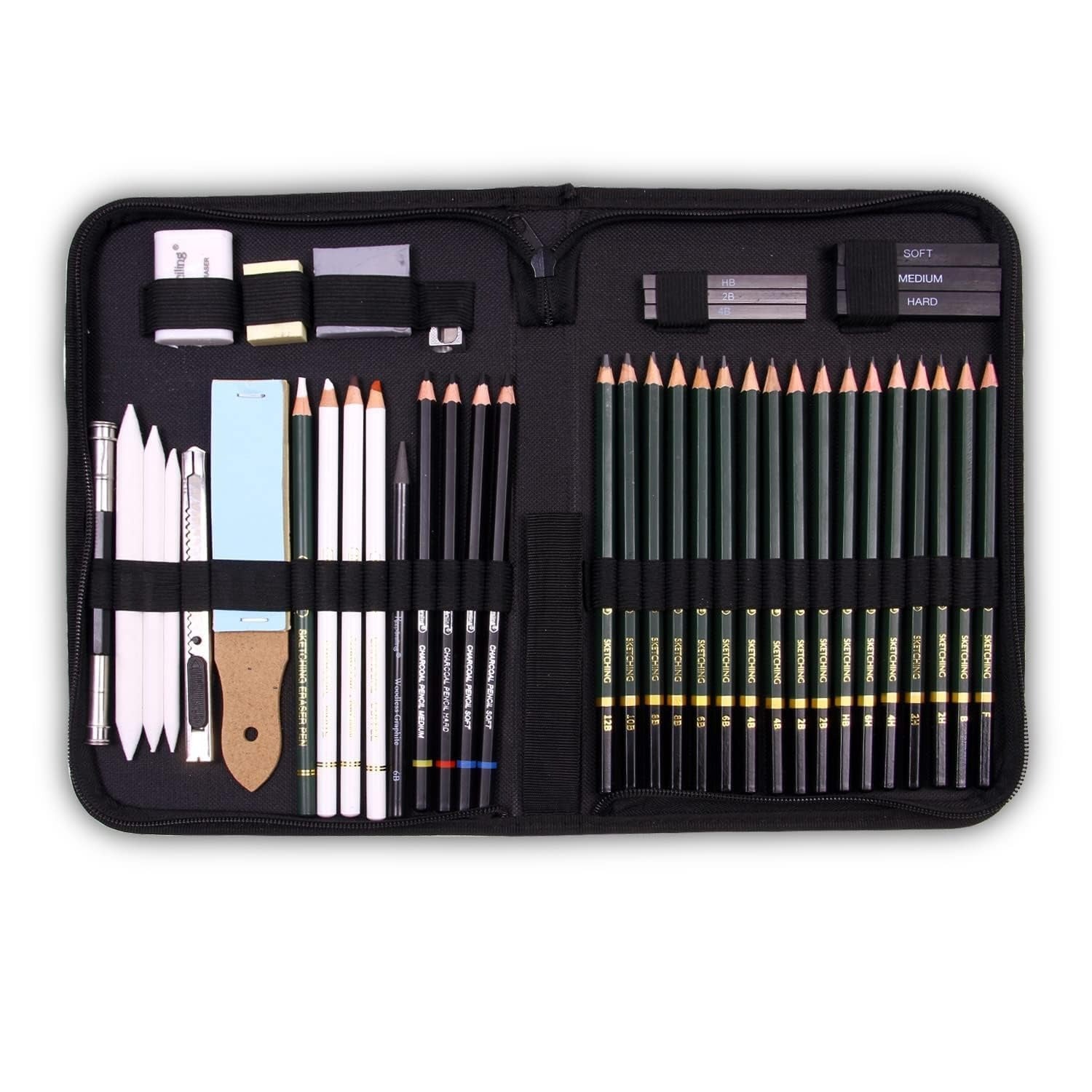 Levin Art Sketching Pencils Drawing Kit 42 Pcs with Zippered Carrying Case (26 Pencil 6 Sticks 3 Stumps 3 Eraser 1 Sharpener 1 Sand Paper 1 Cutter 1 Extender 1 Carry Case)