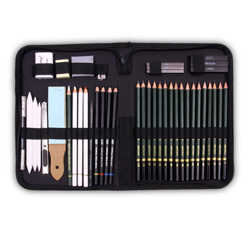 Levin Art Sketching Pencils Drawing Kit 42 Pcs with Zippered Carrying Case (26 Pencil 6 Sticks 3 Stumps 3 Eraser 1 Sharpener 1 Sand Paper 1 Cutter 1 Extender 1 Carry Case)