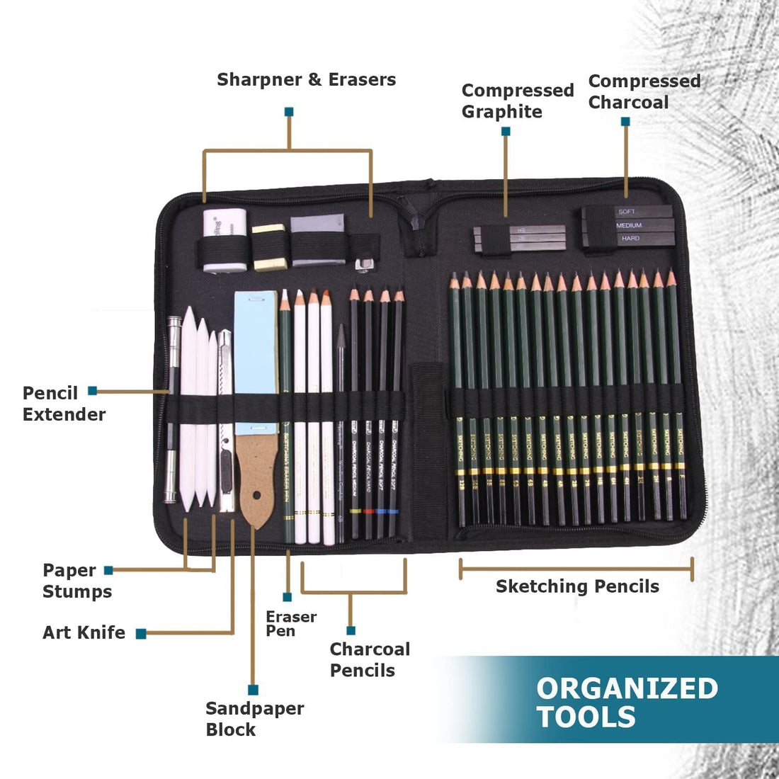 Levin Art Sketching Pencils Drawing Kit 42 Pcs with Zippered Carrying Case (26 Pencil 6 Sticks 3 Stumps 3 Eraser 1 Sharpener 1 Sand Paper 1 Cutter 1 Extender 1 Carry Case)